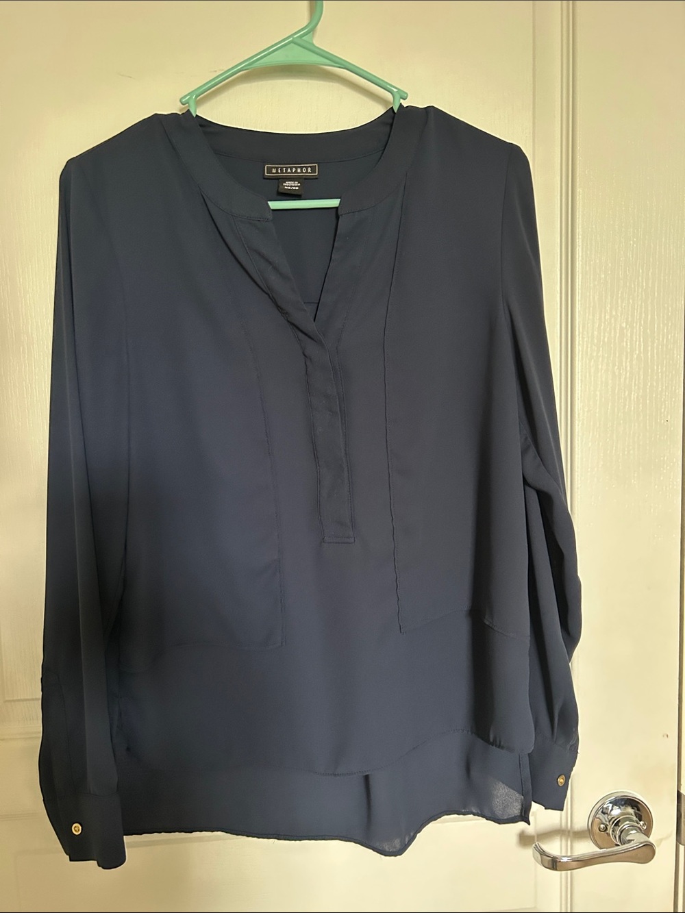 Mavi Navy Long-Sleeve Split V Blouse